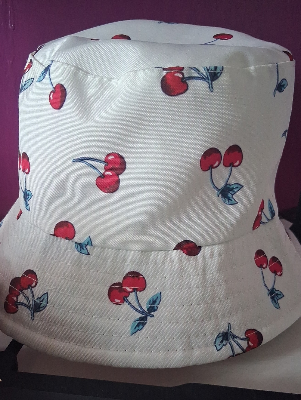 White Cherry Print Bucket Hat